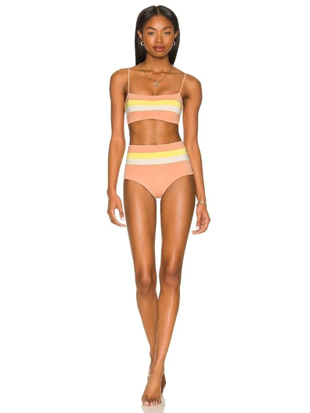 L*Space Portia Stripe Bikini Bottoms in Tangy/Lemon Drop/Cream New Womens